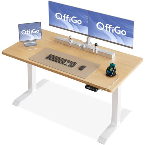 OffiGo Höhenverstellbarer Schreibtisch, 120x60cm Einteilige 25mm Tischplatte, Elektrisch Schreibtisch Höhenverstellbar mit Zwei Motoren, USB Ladeanschluss, Standing Desk mit 3 Memory Funktion, Eiche von OffiGo