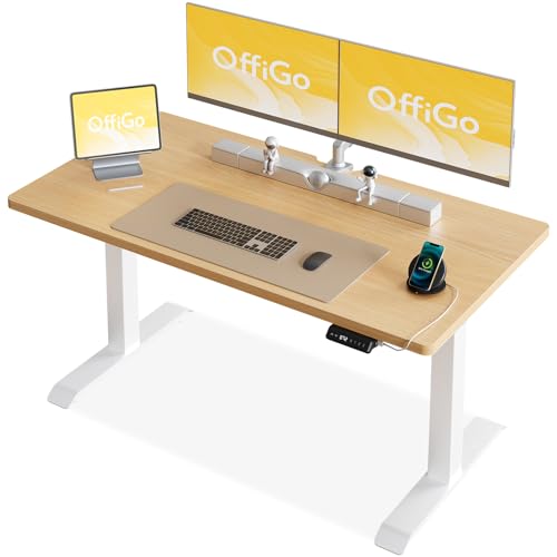 OffiGo Höhenverstellbarer Schreibtisch, 140x60cm Einteilige 25mm Tischplatte, Elektrisch Schreibtisch Höhenverstellbar mit Zwei Motoren, USB Ladeanschluss, Standing Desk mit 3 Memory Funktion, Eiche von OffiGo