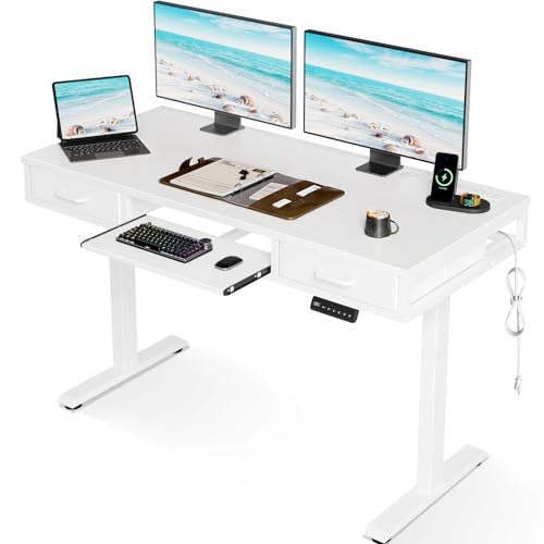OffiGo Höhenverstellbarer Schreibtisch mit Schubladen, 120cm Schreibtisch Höhenverstellbar Elektrisch mit Tastaturablage, Computertisch mit Steckdose, Stehpult Bürotisch, Weiß von OffiGo