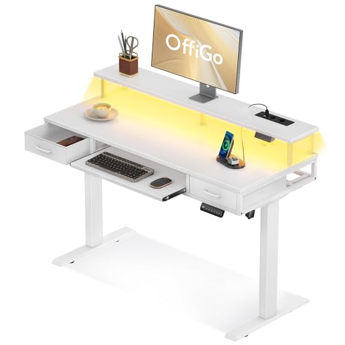 OffiGo Schreibtisch Höhenverstellbar mit Schubladen, 120 cm Elektrischer Schreibtisch mit Tastaturablage, Computertisch mit Monitorständer, Tisch Höhenverstellbar mit Steckdosen und Lichtleiste, Weiß von OffiGo