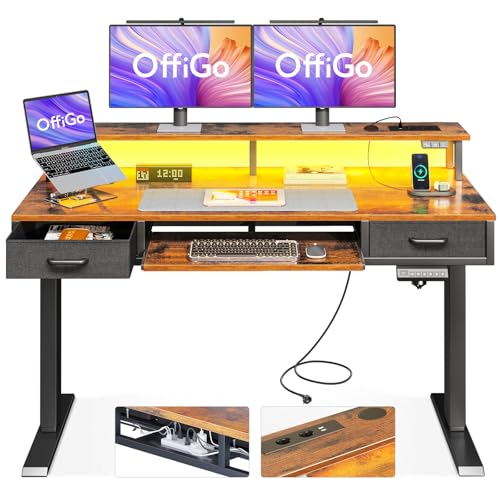 OffiGo Höhenverstellbarer Schreibtisch mit 2 Schubladen und Tastaturablage, 120 cm Elektrischer Schreibtisch mit Monitorständer, Tisch Höhenverstellbar mit RGB Licht und Steckdosen, Braun von OffiGo