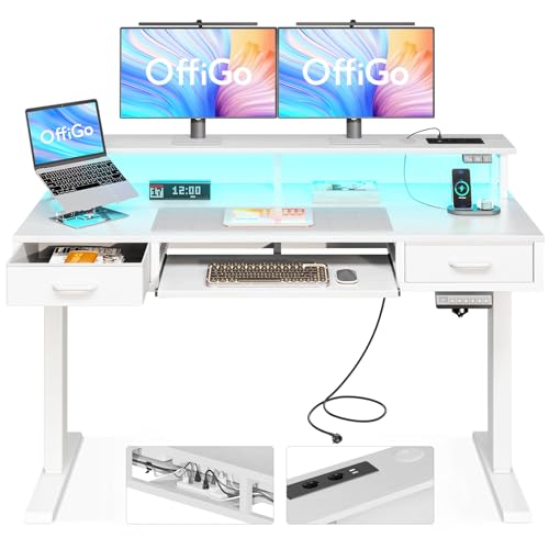 OffiGo Höhenverstellbarer Schreibtisch mit 2 Schubladen und Tastaturablage, 120 cm Elektrischer Schreibtisch mit Monitorständer, Tisch Höhenverstellbar mit RGB Licht und Steckdosen, Weiß OffiGo Höhenverstellbarer Schreibtisch mit 2 Schubladen und Tastaturablage, 120 cm Elektrischer Schreibtisch mit Monitorständer, Tisch Höhenverstellbar mit RGB Licht und Steckdosen, Weiß von OffiGo