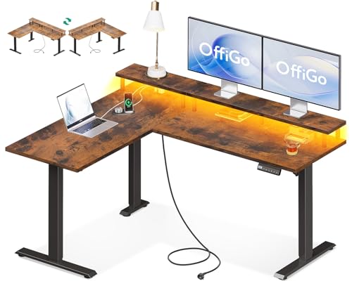 OffiGo Schreibtisch Höhenverstellbar, 150 x 120 cm Eckschreibtisch Höhenverstellbar mit Monitorhalterung, Elektrisch Schreibtisch L Form mit Steckdosen, Computertisch mit RGB LED für Büro, Braun von OffiGo