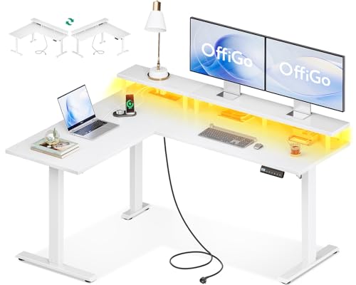 OffiGo Schreibtisch Höhenverstellbar, 150 x 120 cm Eckschreibtisch Höhenverstellbar mit Monitorhalterung, Elektrisch Schreibtisch L Form mit Steckdosen, Computertisch mit LED für Büro, Weiß von OffiGo