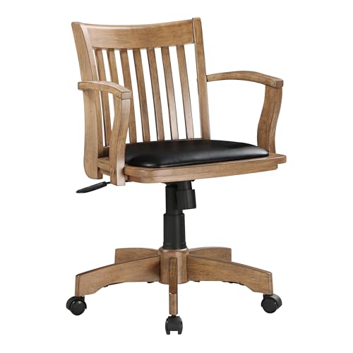 Office Star Products OSP Home Furnishings Deluxe Banker-Schreibtischstuhl aus Holz mit gepolstertem Sitz, Verstellbarer Höhe und Verriegelungsneigung, Obstholz-Finish und schwarzem Vinyl von Office Star Products