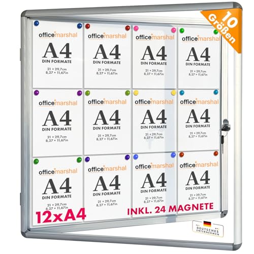 OfficeMarshal Schaukasten 12xA4 inkl. 24 Magnete Infokasten Aushang Aushangkasten Magnetische & beschreibbare Rückwand Plakatschaukasten mit Alurahmen von OfficeMarshal