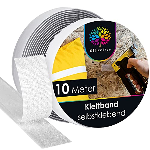 OfficeTree 10 Meter Klettband Selbstklebend Extra Stark - Weiß 20mm - Doppelseitiges Klettband Extra Stark - Selbstklebende Klettbänder - Klettverschluss Selbstklebend für Fenster & Teppich von OfficeTree