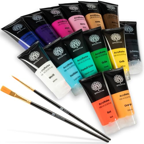 OfficeTree 14 x Acrylfarben Set je Tube 100 ml - Wasserbasis - Acrylfarbe Set für Steine - Acrylic Paint - 14 Farben in Tuben für Acrylmalerei, Bastler-/Künstlerbedarf von OfficeTree