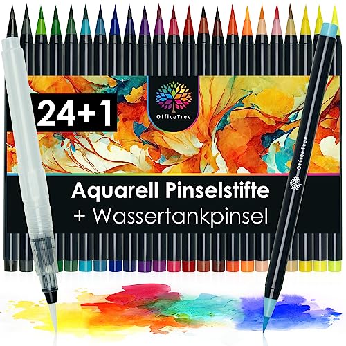 OfficeTree 24+1 Aquarellstifte Pinselstifte mit Wasserstift - Wasserfarben Stifte - Aqua Stifte - Watercolor Brush Pen Set auf Wasserbasis - Aquarell Pinselstifte Set für Handlettering von OfficeTree