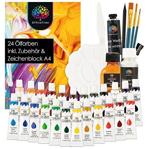 OfficeTree 24 x Ölfarben Set mit Pinsel und Palette 12ml - Oil Paint Set inklusive Ölfarben Zubehör - Komplettes Ölfarben Starterset mit Terpentin, Malmittel und Malblock von OfficeTree