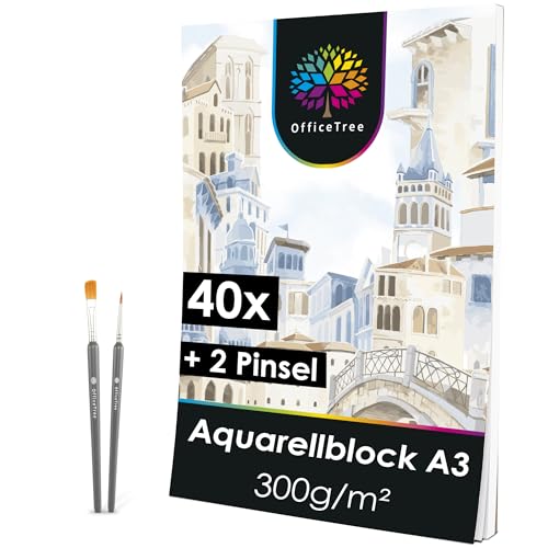 OfficeTree 40 x Aquarellpapier A3 300g - Aquarellblock A3 mit Pinsel - Acrylpapier A3 - Watercolor Paper A3 - Aquarell Papierblock A3 für Aquarell Zeichnen Malen von OfficeTree