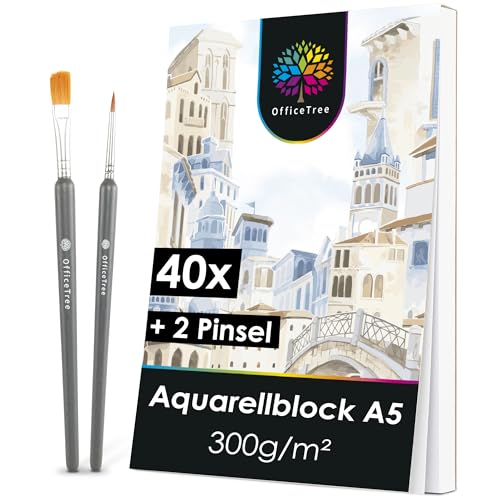 OfficeTree 40x Aquarellpapier A5 300g - Aquarellpapier Block inklusive 2 Pinsel - Aquarellblock A5 - Zeichenblock Aquarell Papier - Malblock - Aquarellfarben Papier - Watercolor Paper von OfficeTree