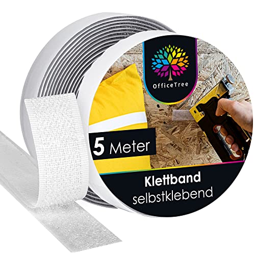 OfficeTree 5 Meter Klettband Selbstklebend Extra Stark - Weiß 20mm - Doppelseitiges Klettband Extra Stark - Selbstklebende Klettbänder - Klettverschluss Selbstklebend für Fenster & Teppich von OfficeTree