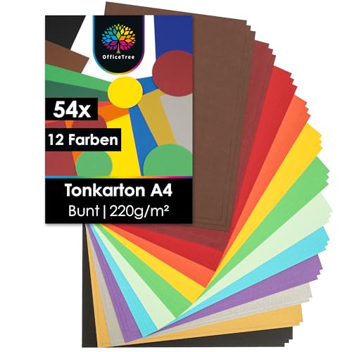 OfficeTree 54 x Tonkarton A4 Bunt - 220g Bastelkarton Bunt - 10 Farben - Bunte Pappe zum Basteln und Gestalten - Plus 2 Gold- und 2 Silberbögen von OfficeTree