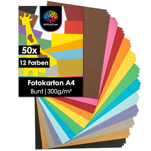 OfficeTree 50x Bastelkarton A4 300g - 12 Farben - Tonkarton A4 Bunt - Pappkarton - Pappe zum Basteln - Fotokarton 300g von OfficeTree