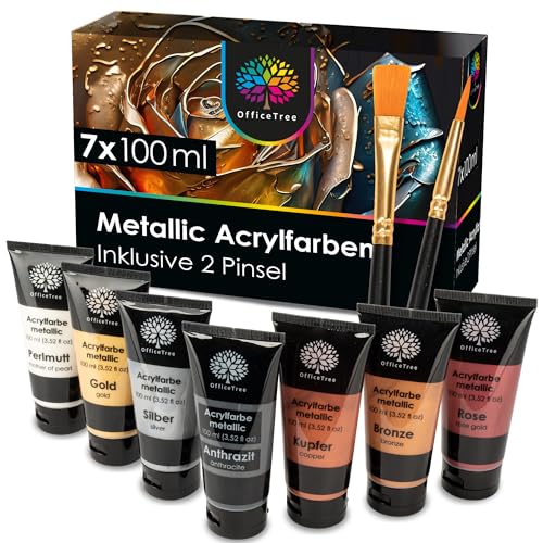 OfficeTree 7 x 100ml Acrylfarben Metallic Set - Acryl Farben auf Wasserbasis - für Acrylmalerei - Acrylfarbe Ideal zum Mischen von OfficeTree
