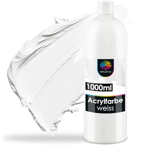OfficeTree Acrylfarbe Weiß 1000ml auf Wasserbasis - Deckweiß - Weiße Acrylfarbe Deckend - White Acrylic Paint für Acrylmalerei, Hobbykünstler - Acrylfarben Weiss Wasserfest ideal zum Mischen von OfficeTree