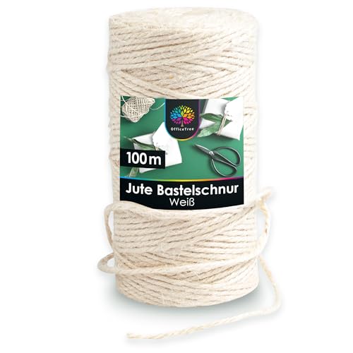 OfficeTree 100m Jutegarn 2mm Weiß - Bastelschnur Weiß - Kordel Weiß - Juteband Weiß für Garten Dekoration oder Basteln - Weiße Kordel - Weisse Schnur als Makramee Garn Weiß 2mm - Jute Twine von OfficeTree