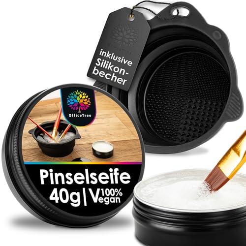 OfficeTree Pinselseife 40g mit faltbarem Reinigungsbecher - Pinselreiniger Acrylfarbe und Aquarellfarbe - Pinsel Seife für Nylon- und Echthaarborsten - Brush Cleaner Acrylic - Brush Soap von OfficeTree