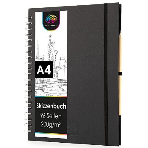 OfficeTree Skizzenbuch A4 Spiralbindung - Hochformat - 96 Seiten 48 Blätter - Sketchbook A4 200g - Weißes Blanko Papier - Skizzenbuch Aquarell - Skizzenheft inklusive Bleistift von OfficeTree