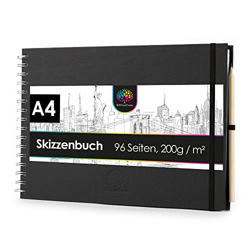 OfficeTree Skizzenbuch A4 Spiralbindung - Querformat - 96 Seiten 48 Blätter - Sketchbook A4 200g - Weißes Blanko Papier - Skizzenbuch Aquarell - Skizzenheft inklusive Bleistift von OfficeTree