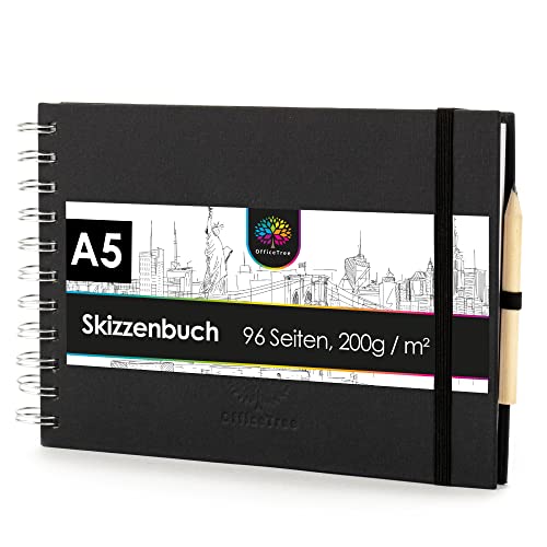 OfficeTree Skizzenbuch A5 Spiralbindung - Querformat - 96 Seiten 48 Blätter - Sketchbook A5 200g - Weißes Blanko Papier - Skizzenbuch Aquarell - Skizzenheft inklusive Bleistift von OfficeTree
