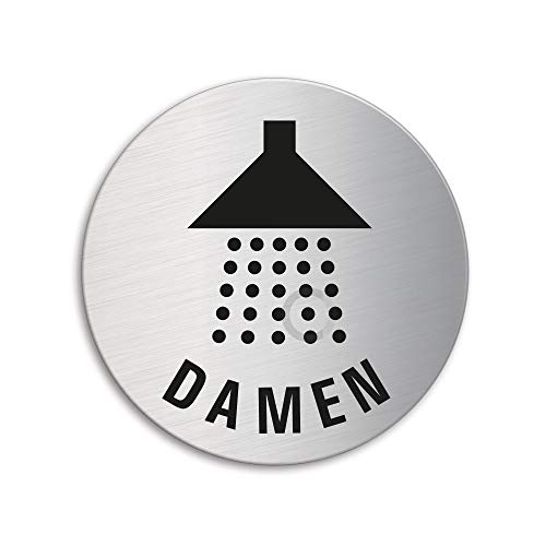 Schild Dusche/Duschraum Damen Ø 75 mm Türschild aus Edelstahl fein-matt gebürstet selbstklebend 39250 von OFFORM DESIGN