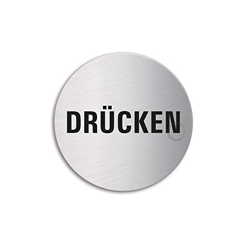 Türschild - Schild Drücken | Edelstahl Ø 60 mm selbstklebend | Original Ofform Design Nr.7047 von OFFORM