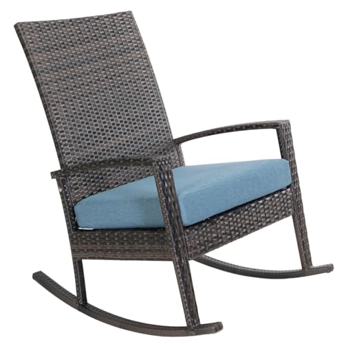 Ogarden Rocking Chair, Garten schaukelstuhl wetterfest, Poly Rattan Outdoor Schaukelstuhl, Schaukelsessel mit Kissen, für Garten, Terrasse, Balkon, Gartenstuhl (Hellbraun - Blau Kissen) von Ogarden