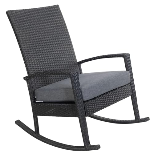 Ogarden Rocking Chair, Garten schaukelstuhl wetterfest, Poly Rattan Outdoor Schaukelstuhl, Schaukelsessel mit Kissen, für Garten, Terrasse, Balkon, Gartenstuhl (Hellbraun - Graues Kissen) von Ogarden