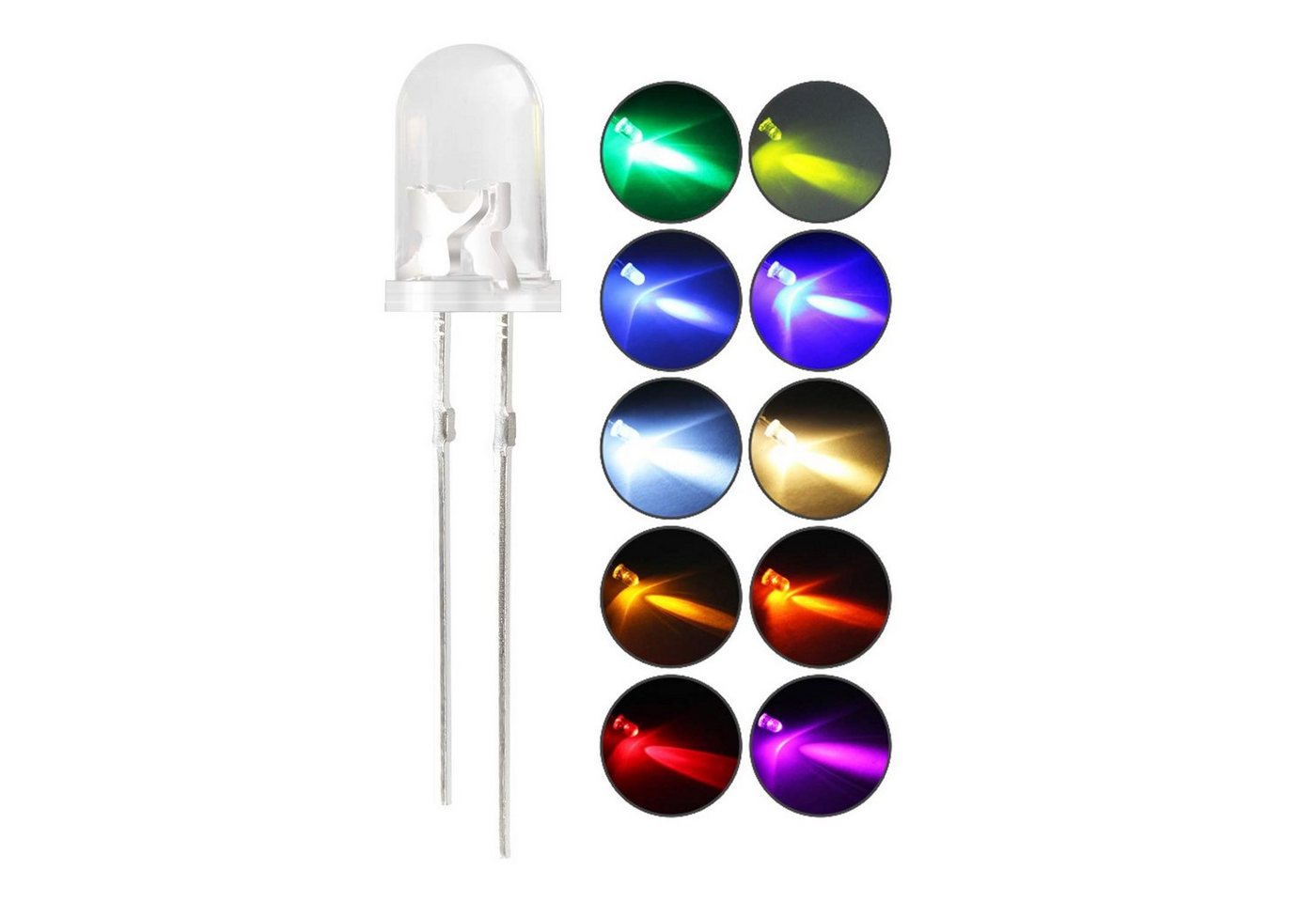Ogeled LED-Leuchtmittel 3mm, 5mm, LED, Dioden, Leuchtdiode, Lampe, Diodenlichter, Glühbirnen, 10 St., in grün, blau, rot, gelb, orange, weiß, warmweiß, pink, cyan, UV von Ogeled