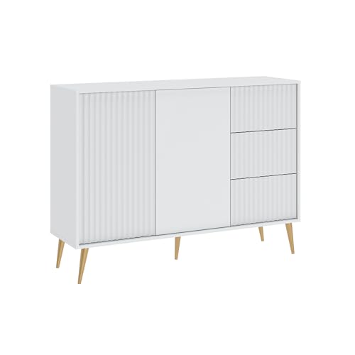 Oggi Celbi Badezimmer Sideboard 2-türig mit Schubladen Weiß 135 cm 3 Schubladen Laminierte Holzfaserplatte Mattem Finish von Oggi