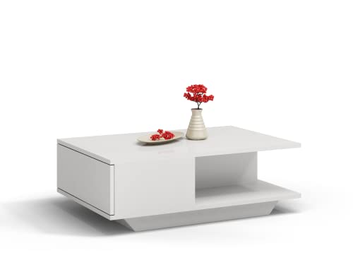 Oggi Colmar Hochglanz Weißer Couchtisch mit Schublade 90x50cm Modernes Design - Wohnzimmertisch aus Holz - Zwei in Einem von Oggi