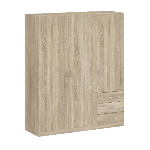 Oggi Enna Kleiderschrank, 3 türiger Kleiderschrank mit Schubladen Garderobenschrank, Praktischer und Solider Dreitüriger Kleiderschrank für unterschiedliche Räume, Sonoma Eiche 175x146 (HxB) von Oggi