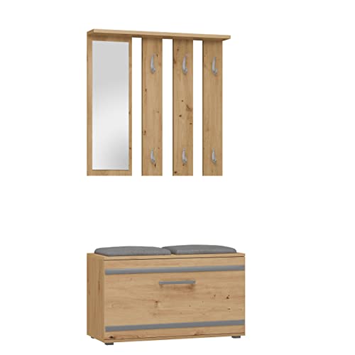 Oggi Jaca Flurgarderobe mit Spiegel 85x160x24cm Separate Kleiderbügel Schuhschrank mit Sitzschrank aus 16mm Laminierter Platte Minimalistisch Modern Artisan Oak von Oggi