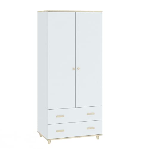 Oggi Mel Doppeltüriger Kleiderschrank mit 2 Breiten Auszügen Geeignet für Wohnzimmer und Flur Aus Schichtholzplatte Weiß & Akazie 50 x 80 x 180 cm von Oggi