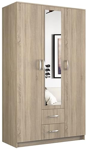 Oggi Schrank mit DREI Türen Rota Eiche Sonoma 120 cm Standgarderobe Garderobenschrank Regal Schlafzimmer Möbel Büro benötigte Zubehör. von Oggi