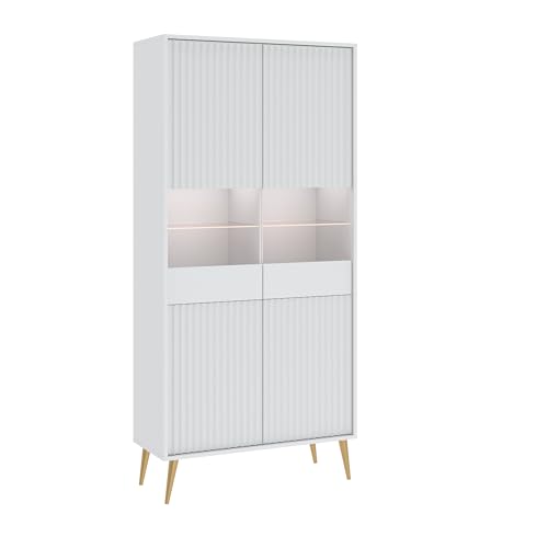 Oggi Vitrine Celbi Vier-Türen Vitrine Weiß 193x91x40cm Schrank Regal 16mm Laminatplatte 10 Regale Glanzlos von Oggi