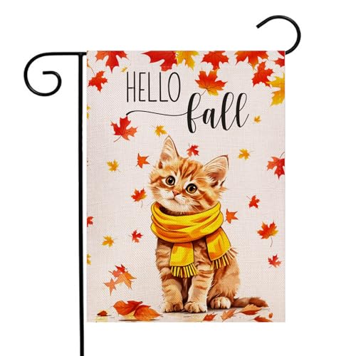 Hello Fall Gartenflagge, 32,5 x 45,7 cm, doppelseitige Katze, Herbst-Ahornblätter, Hof, Outdoor-Dekoration Hello Fall Gartenflagge, 32,5 x 45,7 cm, doppelseitige Katze, Herbst-Ahornblätter, Hof, Outdoor-Dekoration von Ogiselestyle