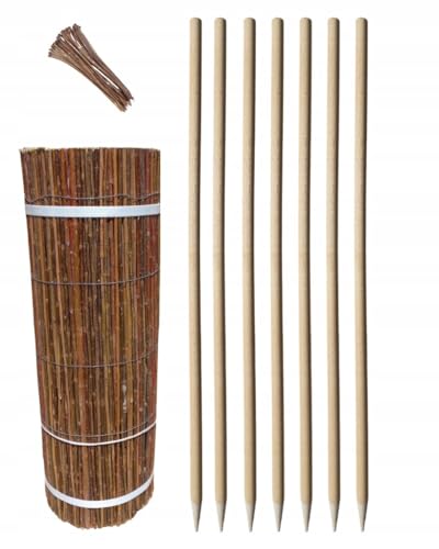 Ogrodzenia Wiklinowe Set Weidenmatte 60x300 cm und 7 Stück Holzpfähle ⌀18 mm Länge 78 cm und 30 Stück Kabelbinder Weidezaun Zaunpfosten Holzpfosten Sichtschutz Garten Terrasse Balkon von Ogrodzenia Wiklinowe