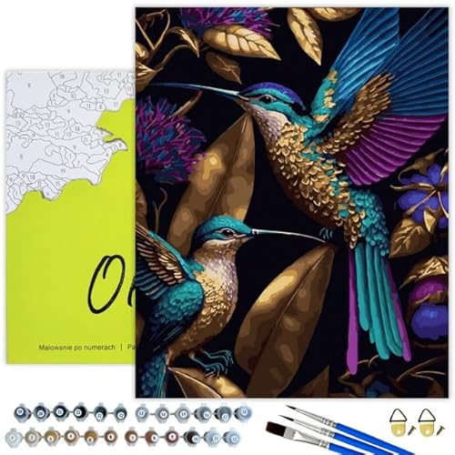 Oh Art! Malen Nach Zahlen Erwachsene Paint By Numbers Adult Set Mit 3 Pinseln Acrylfarben Und Leinwand Gespannt Auf Holzrahmen Kreativ Set DIY Bastelset 40 x 50 cm Mit Rahmen Hummingbird in gold von Oh Art!