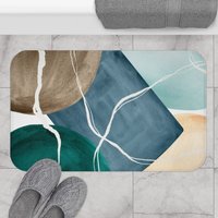 Boho-Chic | Abstrakte Badematte Und Teppich, Marineblau, Braungrün, Beige Beige, Fancy Elegant Unique Art, Aquarell, Badezimmer Dekor Set von OhanaModernDecor
