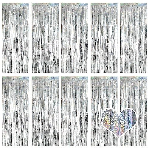 10 Stück Silber Lametta Vorhänge 1 x 2.5M Tinsel Curtain Folien Fransen Metallic Lametta Vorhange Silber für Geburtstag Partydekor Verlobung Hochzeit Weihnachten Neujahr Dekoration (Laser Silber) von Ohiyoo