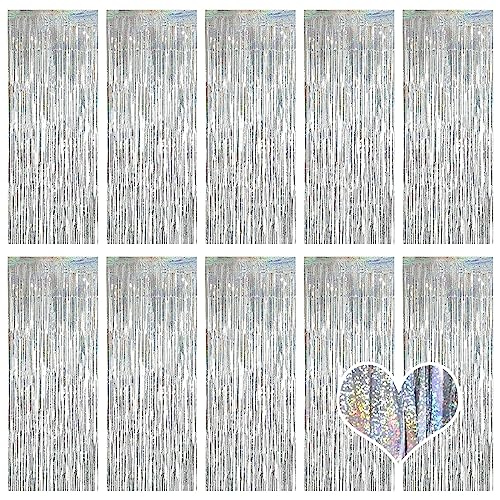 10 Stück Silber Lametta Vorhänge 1 x 2.5M Tinsel Curtain Folien Fransen Metallic Lametta Vorhange Silber für Geburtstag Partydekor Verlobung Hochzeit Weihnachten Neujahr Dekoration (Laser Silber) von Ohiyoo