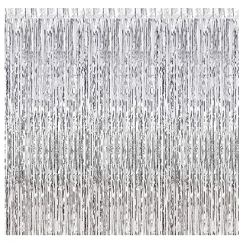 Ohiyoo 1 Stück Silber Lametta Vorhänge 1 x 2.5M Folien Fransen Metallic Lametta Vorhange Silber Hintergrund für Geburtstag Partydekor Verlobung Hochzeit Weihnachten Neujahr Dekoration (Silber) von Ohiyoo