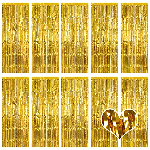 Ohiyoo 10 Stück Golden Lametta Vorhänge 1 x 2.5M Tinsel Curtain Folien Fransen Metallic Lametta Vorhange Golden für Geburtstag Partydekor Verlobung Hochzeit Weihnachten Neujahr Dekoration (Golden) von Ohiyoo