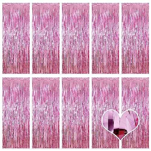 Ohiyoo 10 Stück Rosa Lametta Vorhänge 1 x 2.5M Tinsel Curtain Folien Fransen Metallic Lametta Vorhange für Geburtstag Partydekor Verlobung Hochzeit Weihnachten Neujahr Dekoration (Rosa) von Ohiyoo