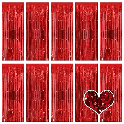 Ohiyoo 10 Stück Rot Lametta Vorhänge 1 x 2.5M Tinsel Curtain Folien Fransen Metallic Lametta Vorhange Rot für Geburtstag Partydekor Verlobung Hochzeit Weihnachten Neujahr Dekoration (Rot) von Ohiyoo