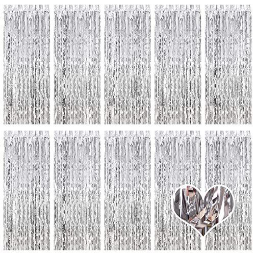 Ohiyoo 10 Stück Silber Lametta Vorhänge 1 x 2.5M Tinsel Curtain Folien Fransen Metallic Lametta Vorhange Silber für Geburtstag Partydekor Verlobung Hochzeit Weihnachten Neujahr Dekoration (Silber) von Ohiyoo