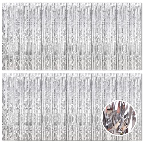 Ohiyoo 20 Stück Silber Lametta Vorhänge 1 x 2.5M Tinsel Curtain Folien Fransen Metallic Lametta Vorhange Silber für Geburtstag Partydekor Verlobung Hochzeit Weihnachten Neujahr Dekoration (Silber) von Ohiyoo